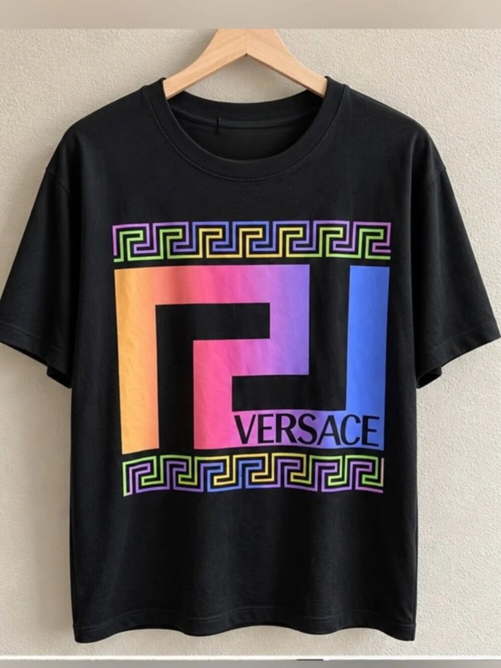 VERSACE Black Rainbow La Greca Logo T-Shirt